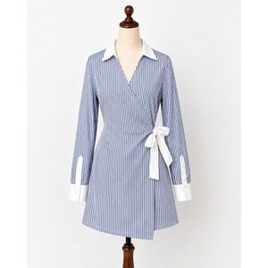 Spanx Blue White Striped Wrap Shirt Dress Contrast Collar Cuffs Large 21076R